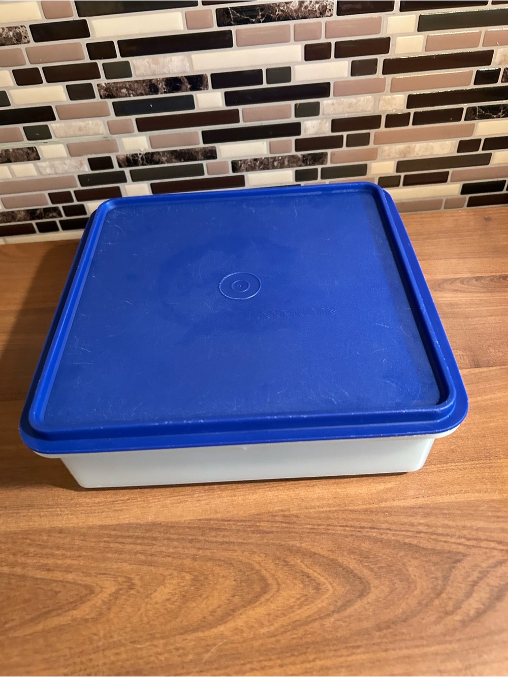 Tupperware Blue Lid White Base Square Food Storage Container